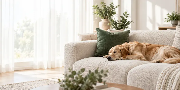 A golden retriever sleeping on a cream sofa in a bright living room