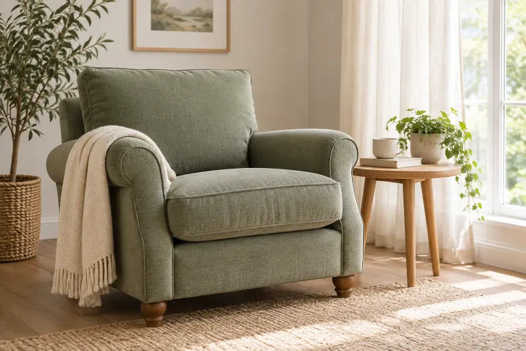 Sage-green upholstered armchair beside a bright window