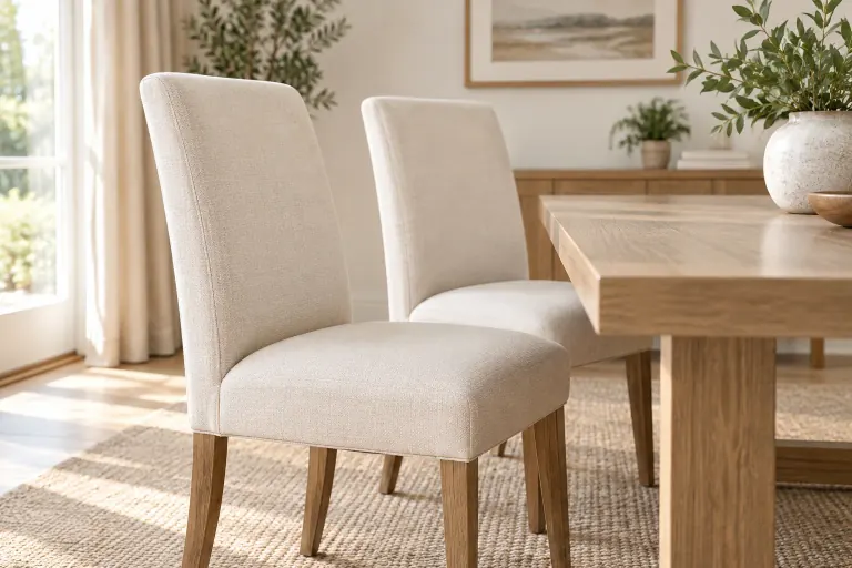 Pair of fabric dining chairs beside a wooden table