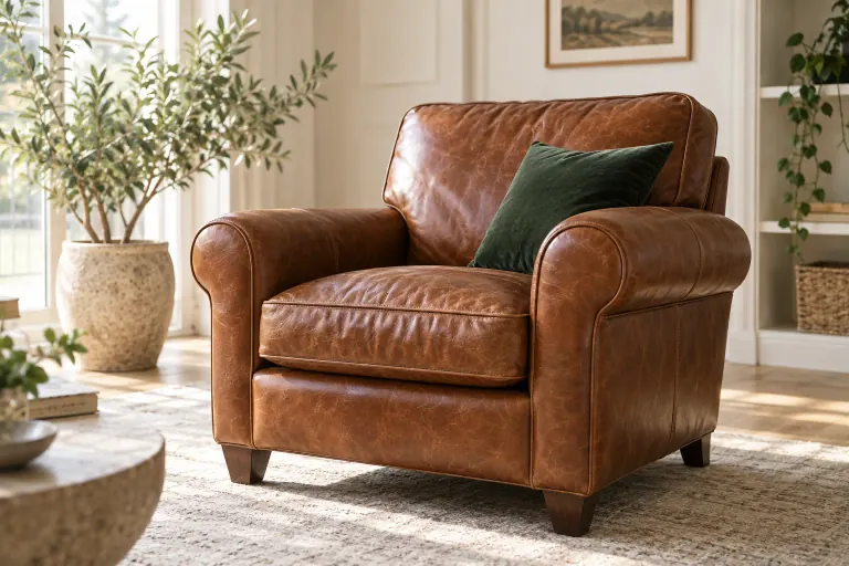 Cognac leather armchair with a green cushion in a bright living room