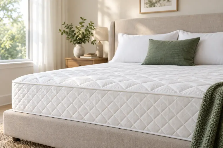 White quilted mattress in a bright bedroom