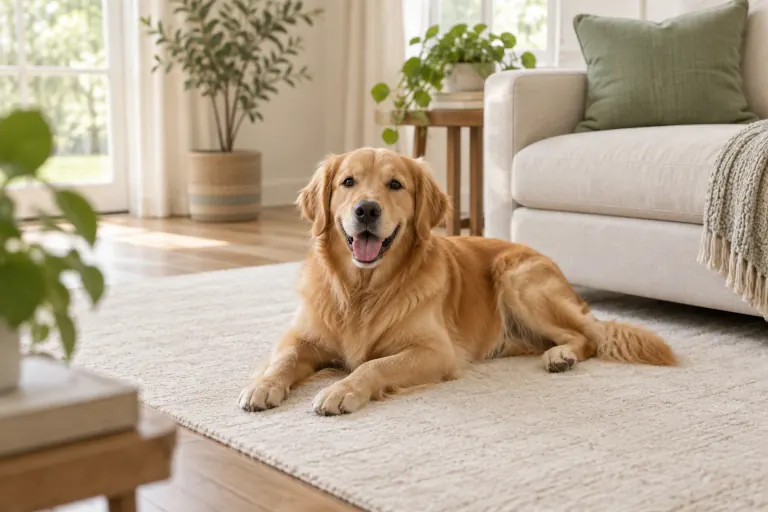 Golden dog resting on a living room rug beside a sofa