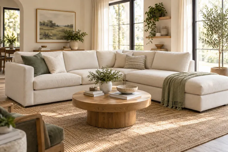 Light fabric L-shaped sectional in a family room