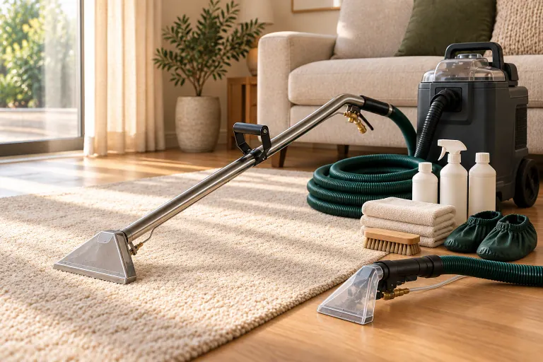 Professional upholstery and carpet cleaning equipment arranged in a living room