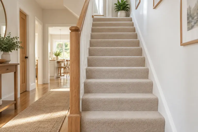 Carpeted residential staircase and landing