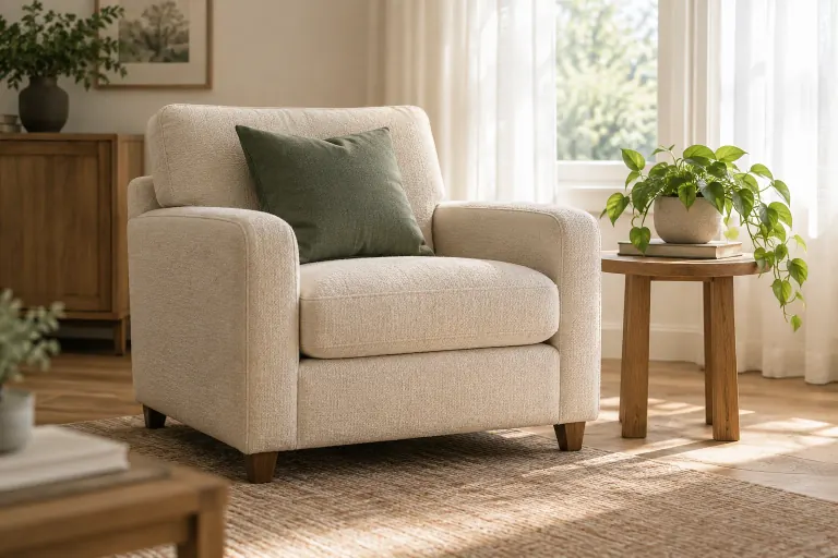 Cream upholstered armchair with a green cushion in a bright living room