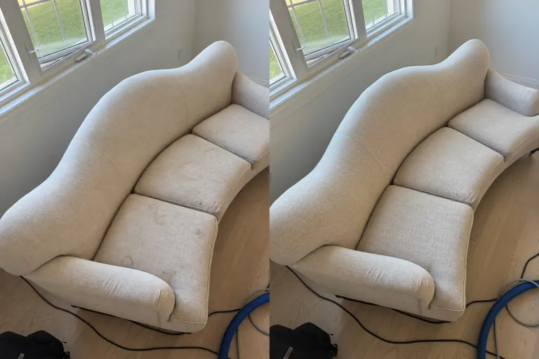 Cream sofa cleaning in Oakville: original after photo with a recreated before view