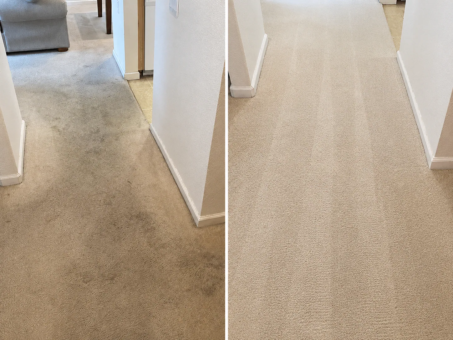 Before and after cleaning of a residential carpeted hallway