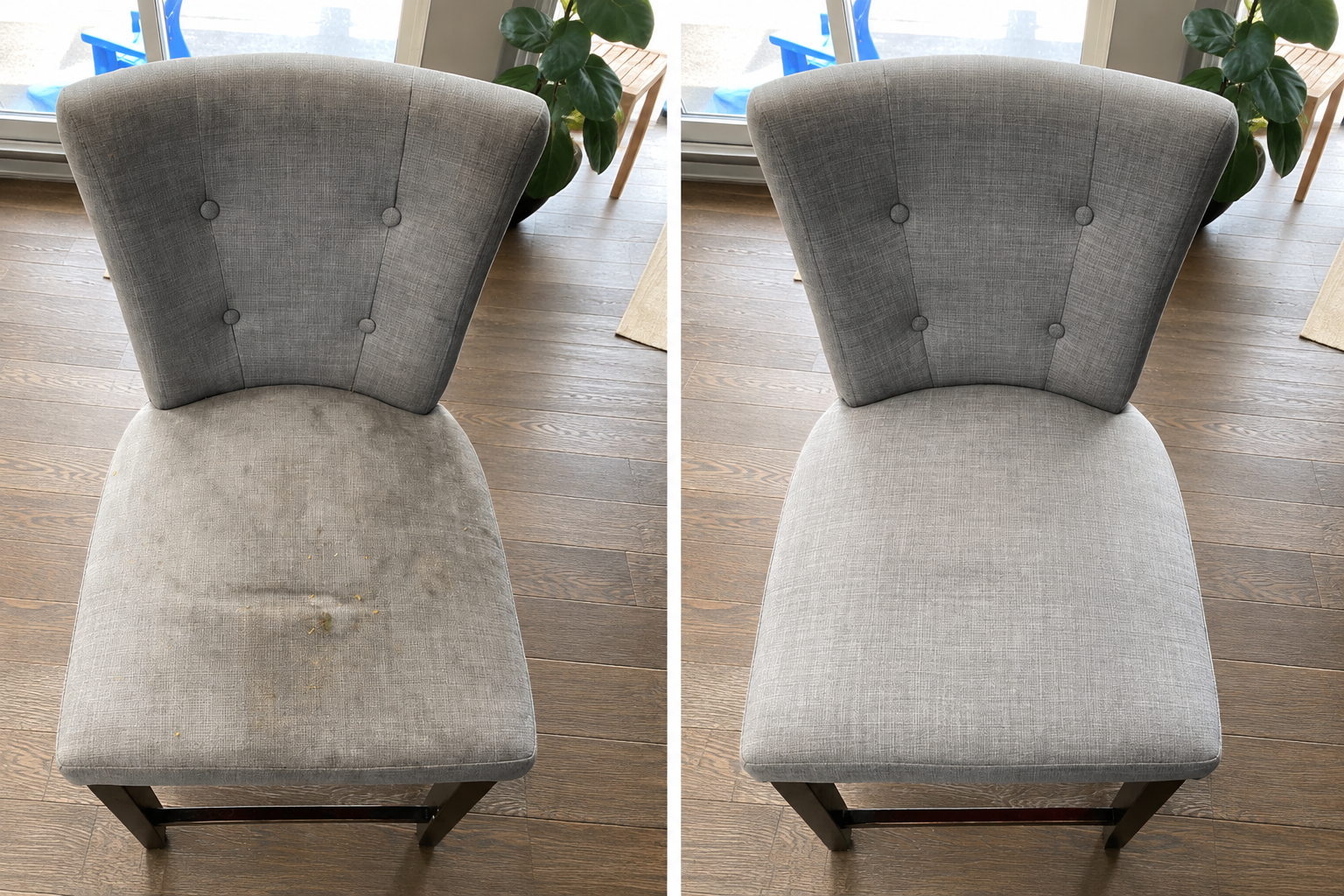 Before and after cleaning of upholstered dining chairs