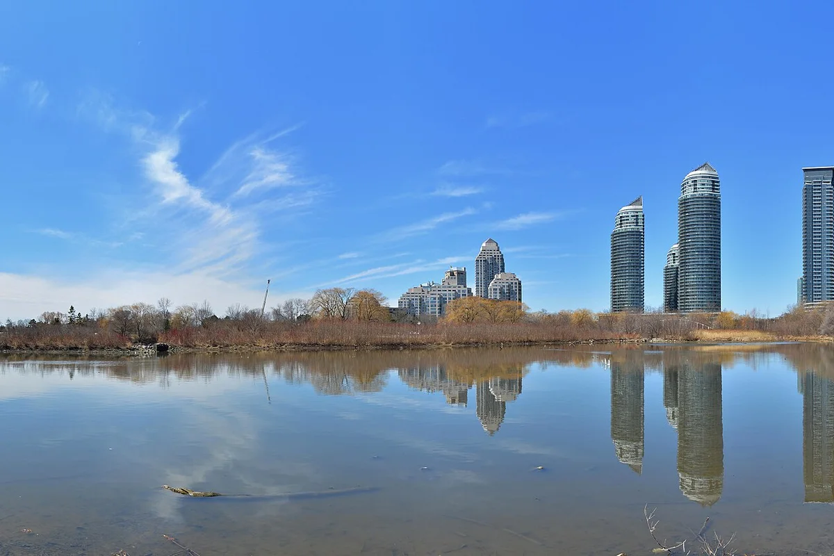 Humber Bay skyline reflected on the water in Etobicoke