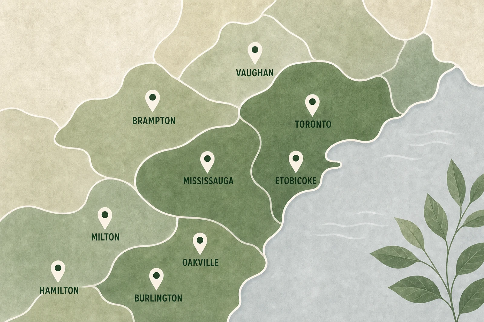 Illustrated service map showing Vaughan, Brampton, Toronto, Mississauga, Etobicoke, Milton, Oakville, Burlington and Hamilton