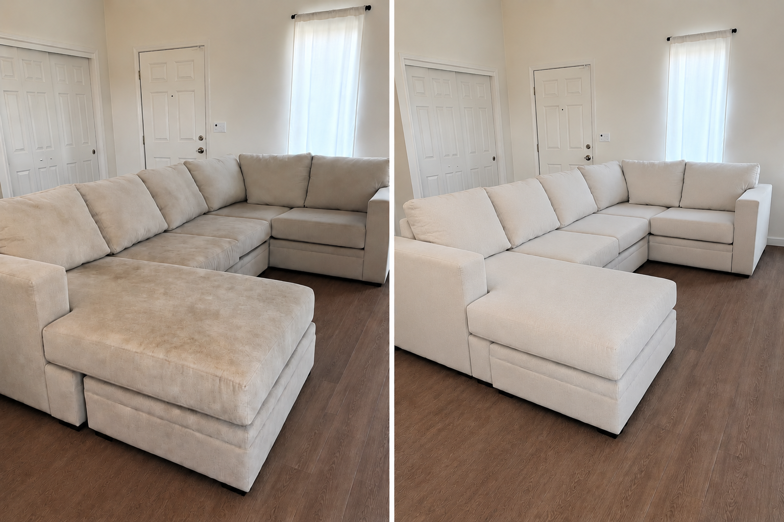Before and after cleaning of a large light-coloured sectional sofa